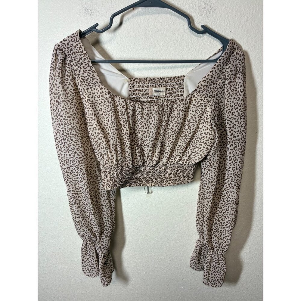 Altar'd State Crop Top Blouse Animal Print Y2K Long Sleeve Beige Size XS